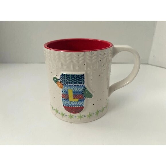 ANTHROPOLOGIE Snow Mitten Glove Monogram Initial Letter L Handled Coffee Cup Mug - Picture 1 of 5